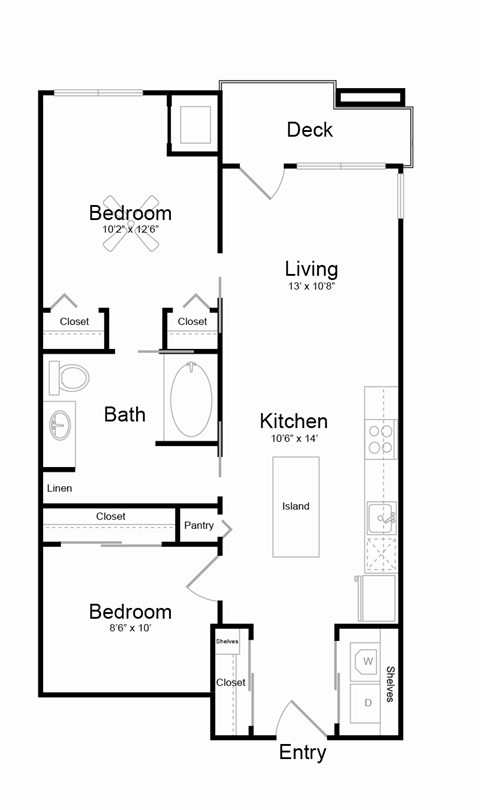 Floor plan for 1 bed, 1 bath, 788 sqft