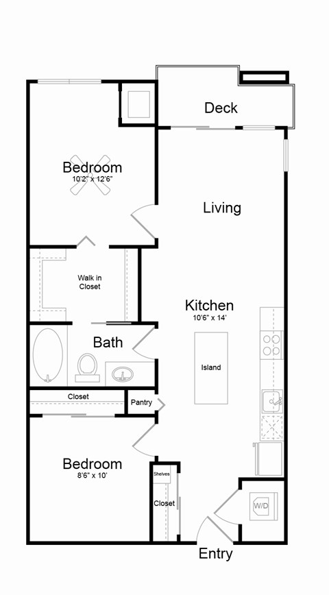 Floor plan for 2 beds, 1 bath, 816 sqft