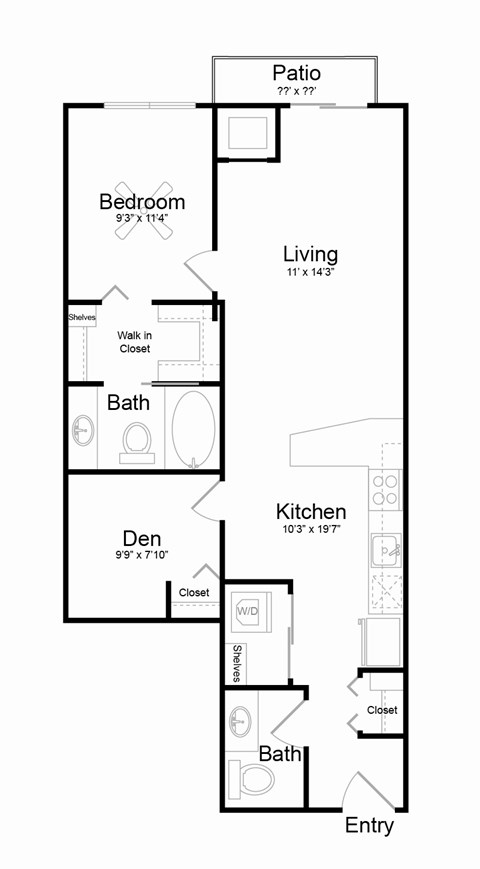 Floor plan for 1 bed, 1 bath, 841 sqft