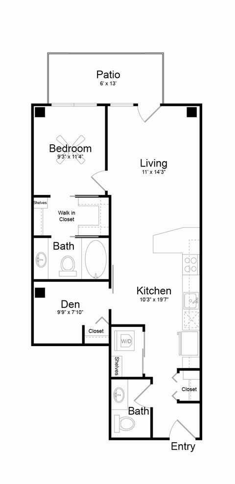 Floor plan for 1 bed, 1 bath, 841 sqft
