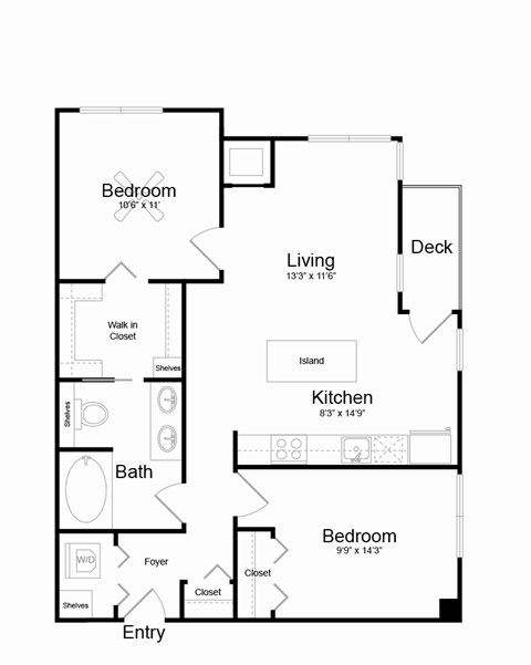 Floor plan for 2 beds, 1 bath, 879 sqft