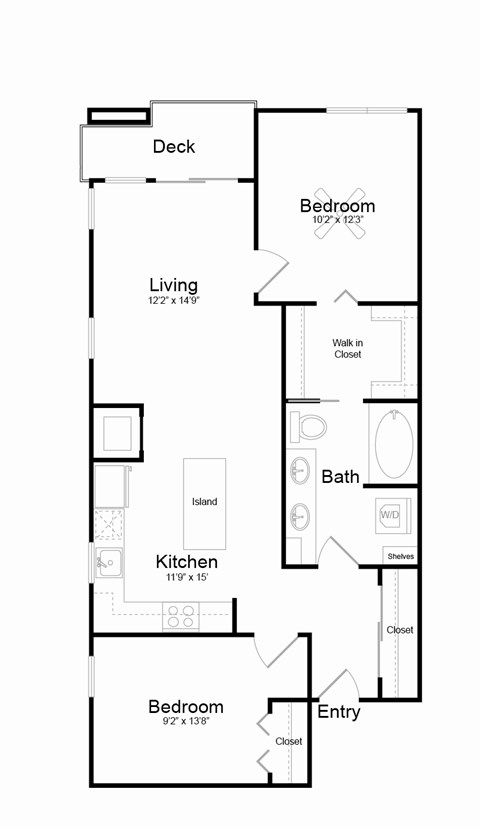 Floor plan for 2 beds, 1 bath, 893 sqft