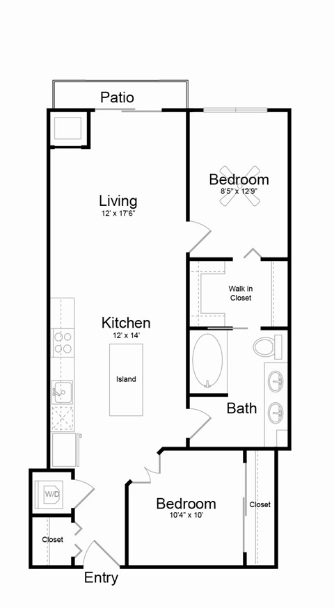 Floor plan for 1 bed, 1 bath, 893 sqft