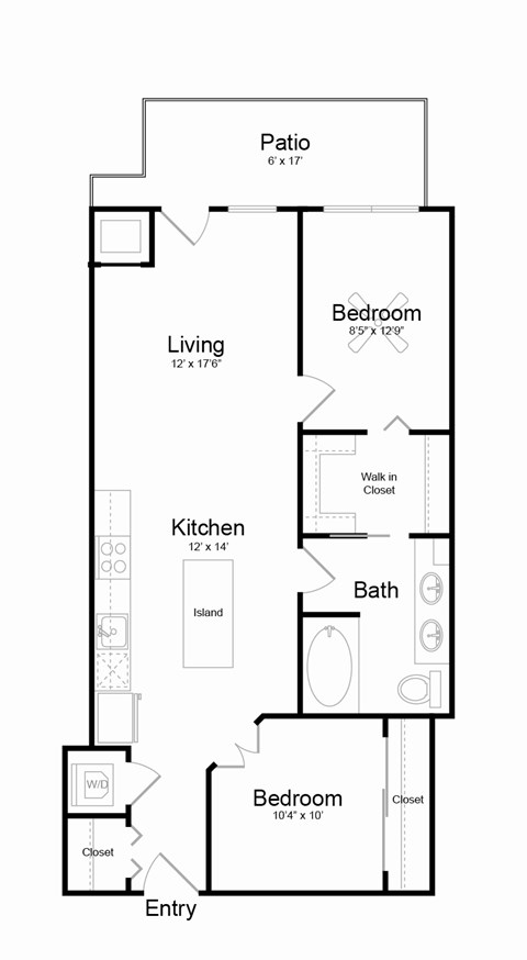 Floor plan for 1 bed, 1 bath, 893 sqft
