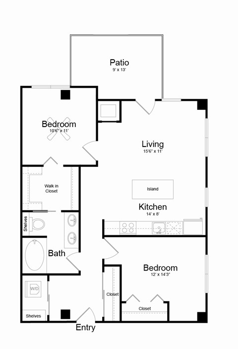 Floor plan for 2 beds, 1 bath, 922 sqft