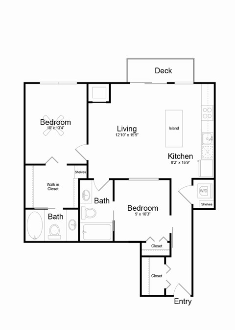 Floor plan for 2 beds, 2 baths, 943 sqft