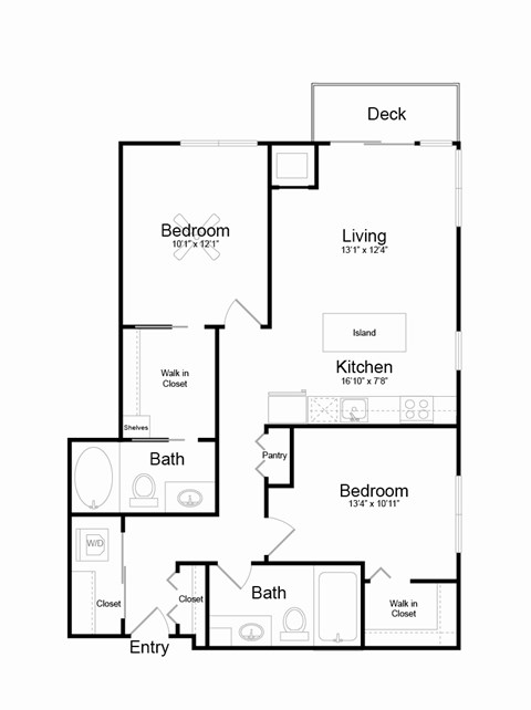 Floor plan for 2 beds, 2 baths, 966 sqft