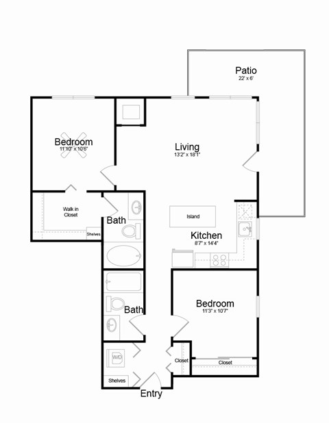 Floor plan for 2 beds, 2 baths, 977 sqft