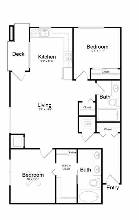 Floor plan for 2 beds, 2 baths, 1006 sqft