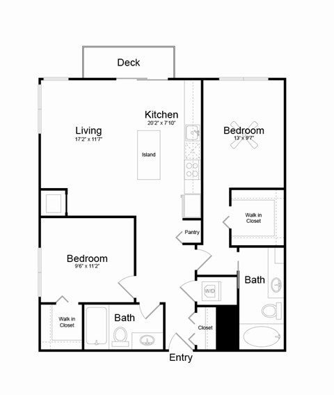 Floor plan for 2 beds, 2 baths, 1020 sqft