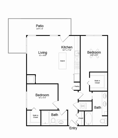 Floor plan for 2 beds, 2 baths, 1028 sqft