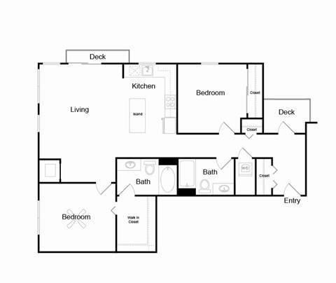 Floor plan for 2 beds, 2 baths, 1029 sqft