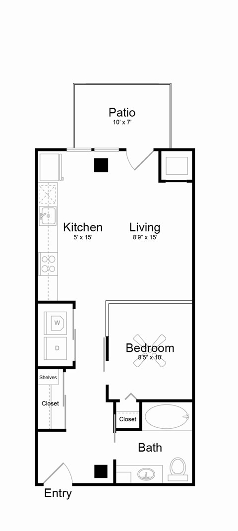 Floor plan for studio, 1 bath, 572 sqft