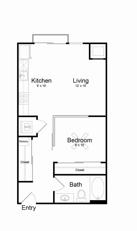Floor plan for studio, 1 bath, 577 sqft