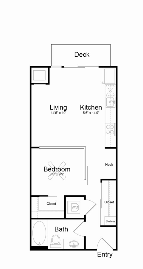 Floor plan for studio, 1 bath, 602 sqft