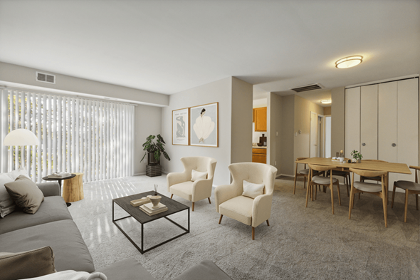 Dumfries apartment for rent - Living room with a couch and chairs and a dining room table at Briarwood Apartments, Dumfries, VA, 22026