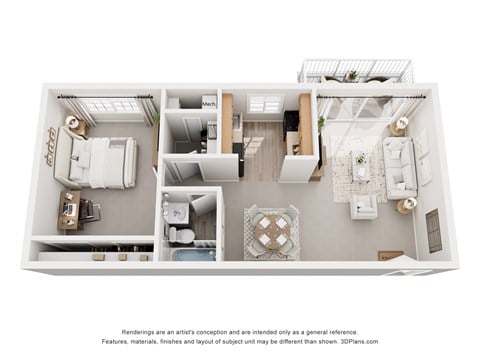 Floor plan for 1 bed, 1 bath, 627 sqft