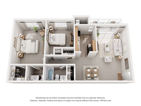Floor plan for 2 beds, 1.5 baths, 835 sqft
