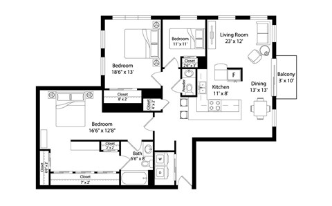 Floor plan for 3 beds, 2 baths, 1485 sqft