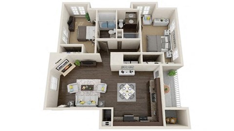 Floor plan for 2 beds, 2 baths, 965 sqft