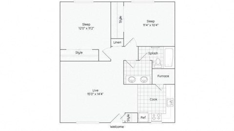 Floor plan for 2 beds, 1 bath, 764 sqft