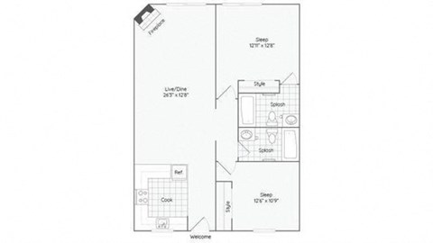 Floor plan for 2 beds, 2 baths, 872 sqft