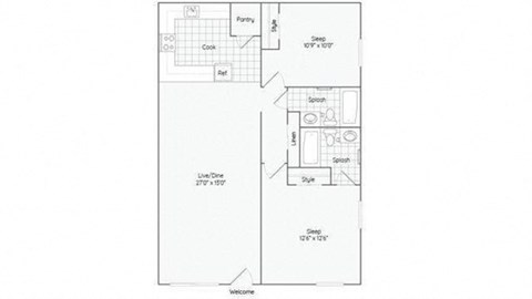 Floor plan for 2 beds, 2 baths, 962 sqft