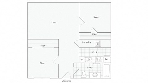 Floor plan for 2 beds, 1 bath, 907 sqft