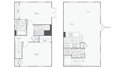 Floor plan for 2 beds, 2.5 baths, 1319 sqft