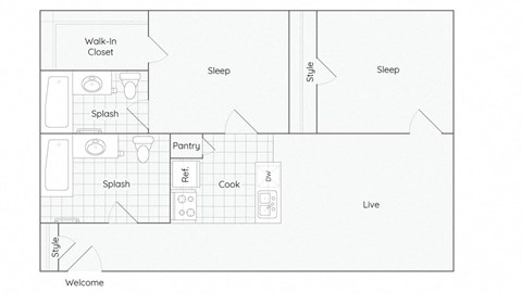 Floor plan for 2 beds, 2 baths, 989 sqft