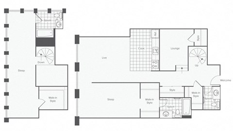 Floor plan for 2 beds, 1.5 baths, 921 sqft