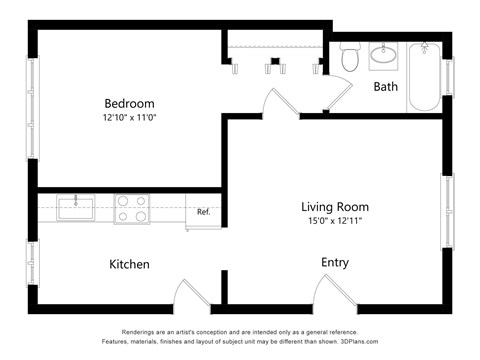 Floor plan for 1 bed, 1 bath, 700 sqft