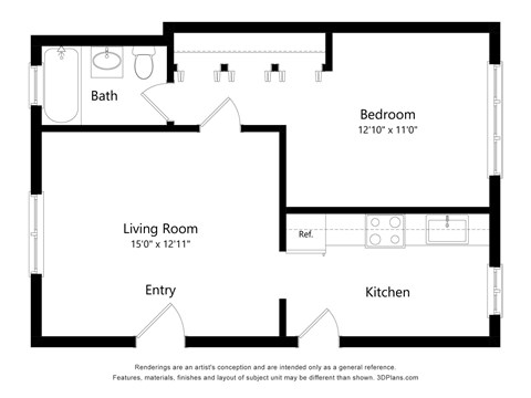 Floor plan for 1 bed, 1 bath, 750 sqft