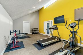 Port Orchard apartment for rent - A home gym with a treadmill, stationary bike, and weights.