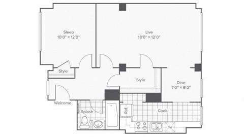 Floor plan for 1 bed, 1 bath