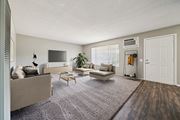Riverside apartment for rent - A living room with a couch, a chair, a coffee table, and a television.