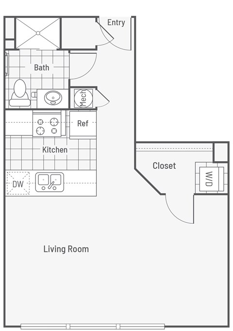 Floor plan for studio, 1 bath, 509 sqft