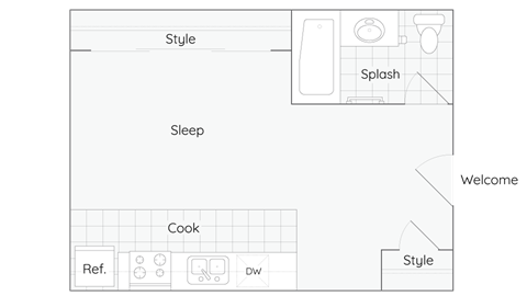 Floor plan for studio, 1 bath, 453 sqft