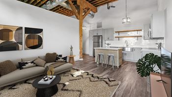 Living room and kitchen with counter and stools