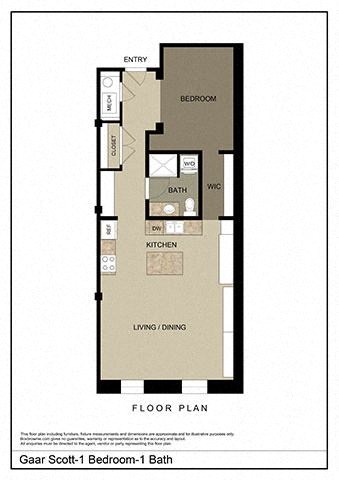 Floor plan for 1 bed, 1 bath, 990 sqft