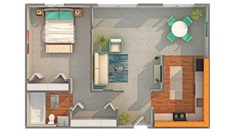 Floor plan for 1 bed, 1 bath, 672 sqft