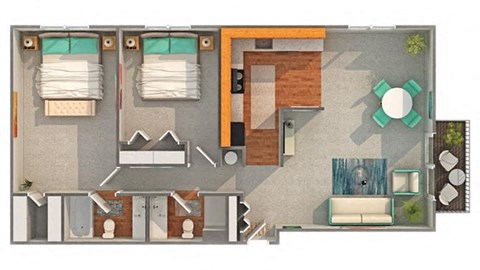 Floor plan for 2 beds, 2 baths, 714 sqft
