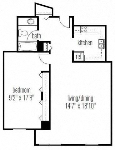 Floor plan for 1 bed, 1 bath, 757 sqft