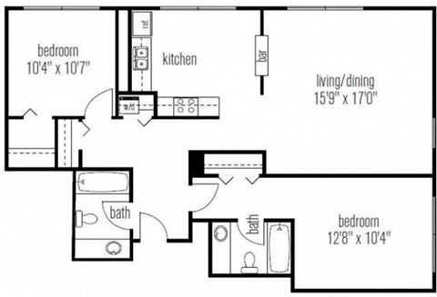 Floor plan for 2 beds, 2 baths, 1131 sqft