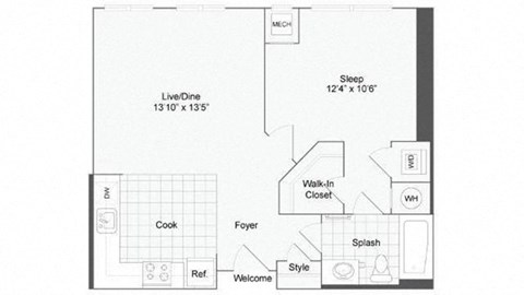 Floor plan for 1 bed, 1 bath, 766 sqft