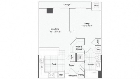 Floor plan for 1 bed, 1 bath, 730 sqft