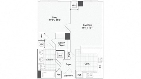 Floor plan for 1 bed, 1 bath, 751 sqft