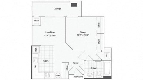 Floor plan for 1 bed, 1 bath, 655 sqft