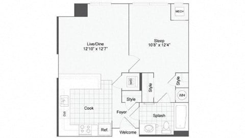 Floor plan for 1 bed, 1 bath, 682 sqft