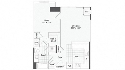 Floor plan for 1 bed, 1 bath, 751 sqft
